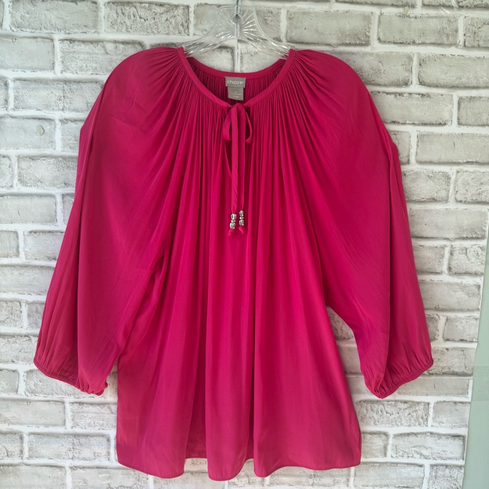 Chico's Hot Pink Tie-Front Peasant Blouse sz3 like new